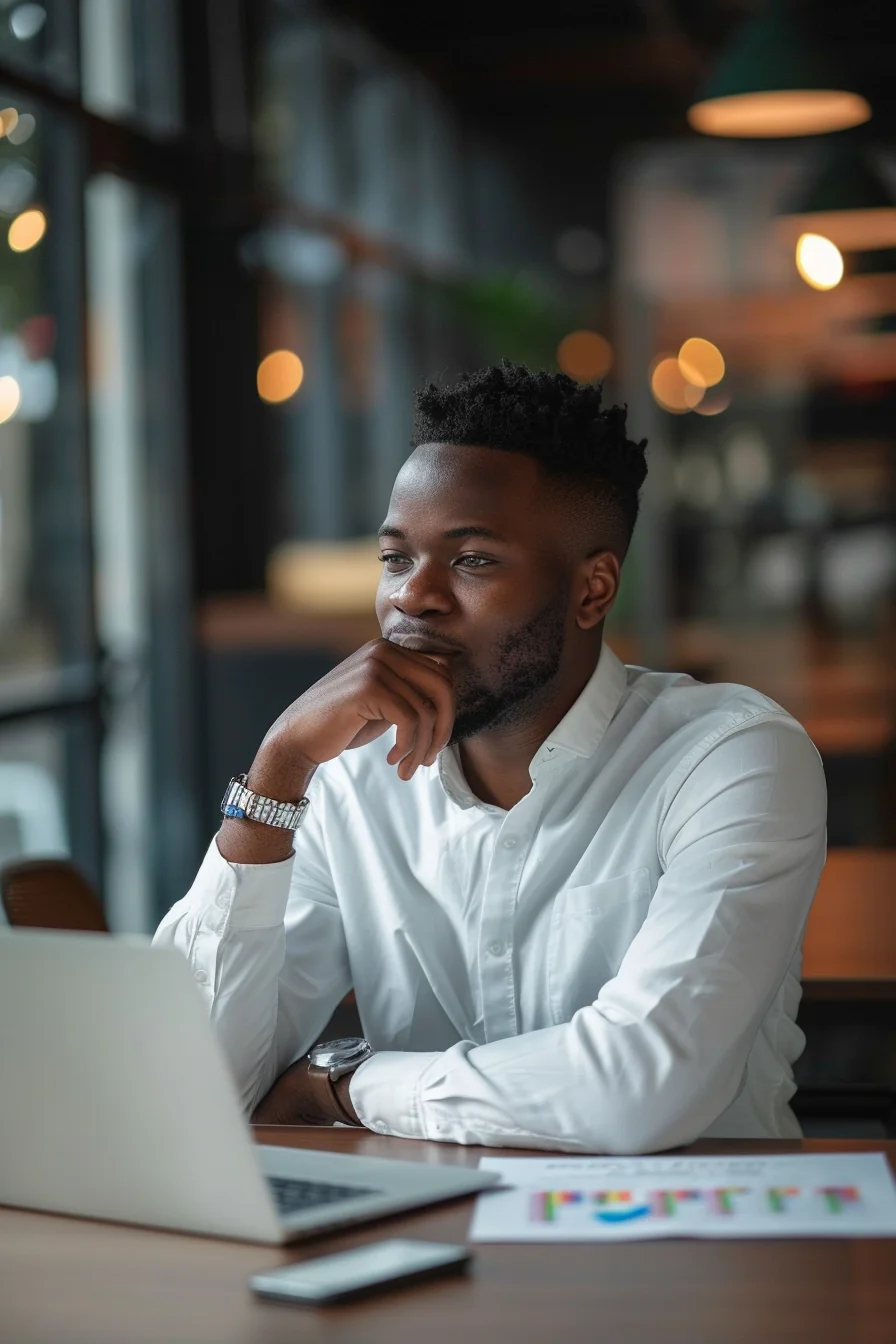 Young African-American man studying financial comparison charts on laptop