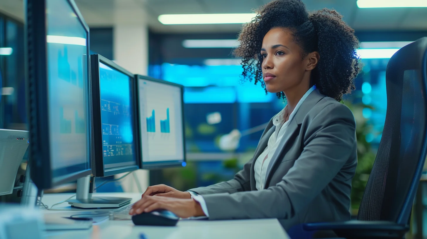 American businesswoman comparing BNPL provider options on dual monitors