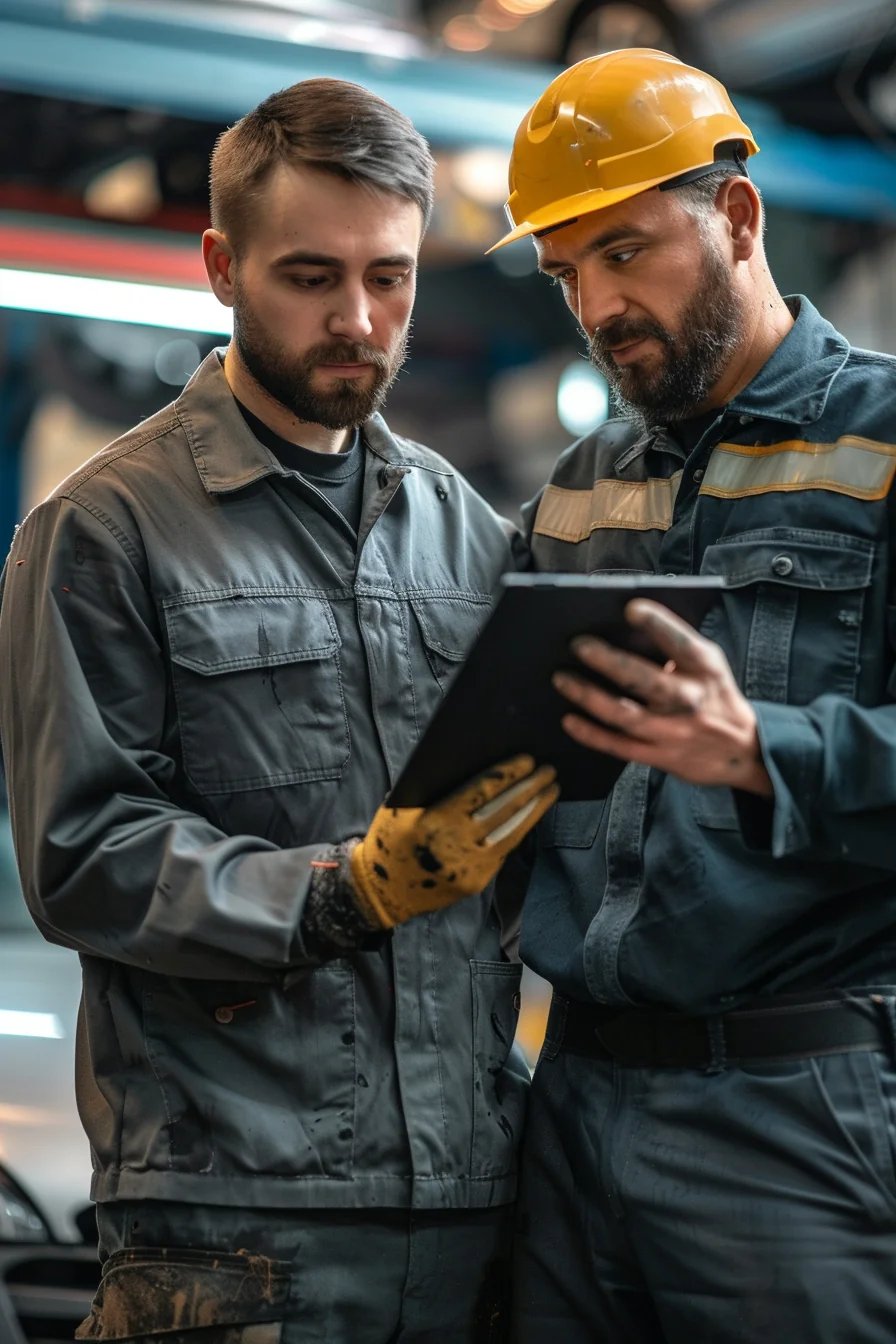 American male mechanic showing repair estimate on tablet to customer