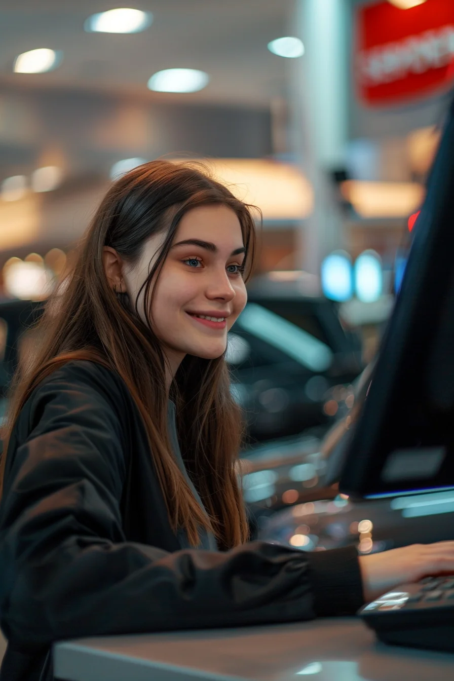 Young American woman at car service reception using payment terminal