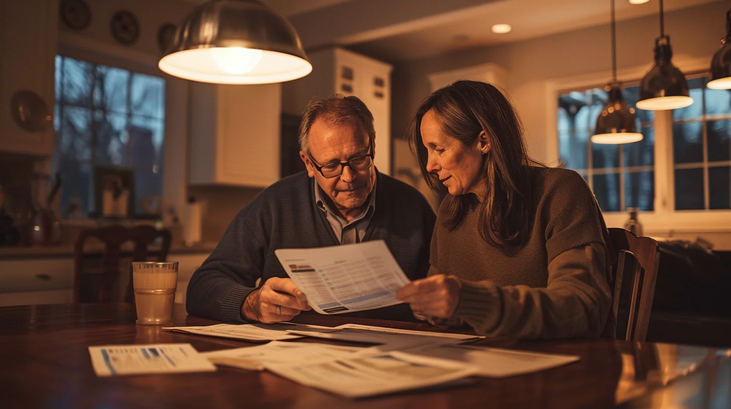 American couple reviewing monthly payment statements