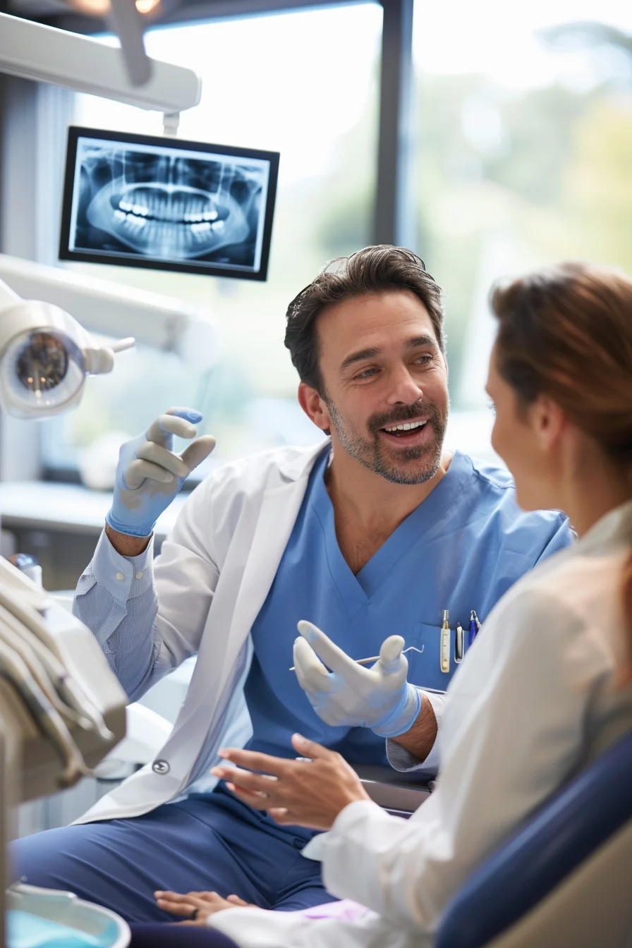 American male dentist explaining treatment plan to patient in dental chair