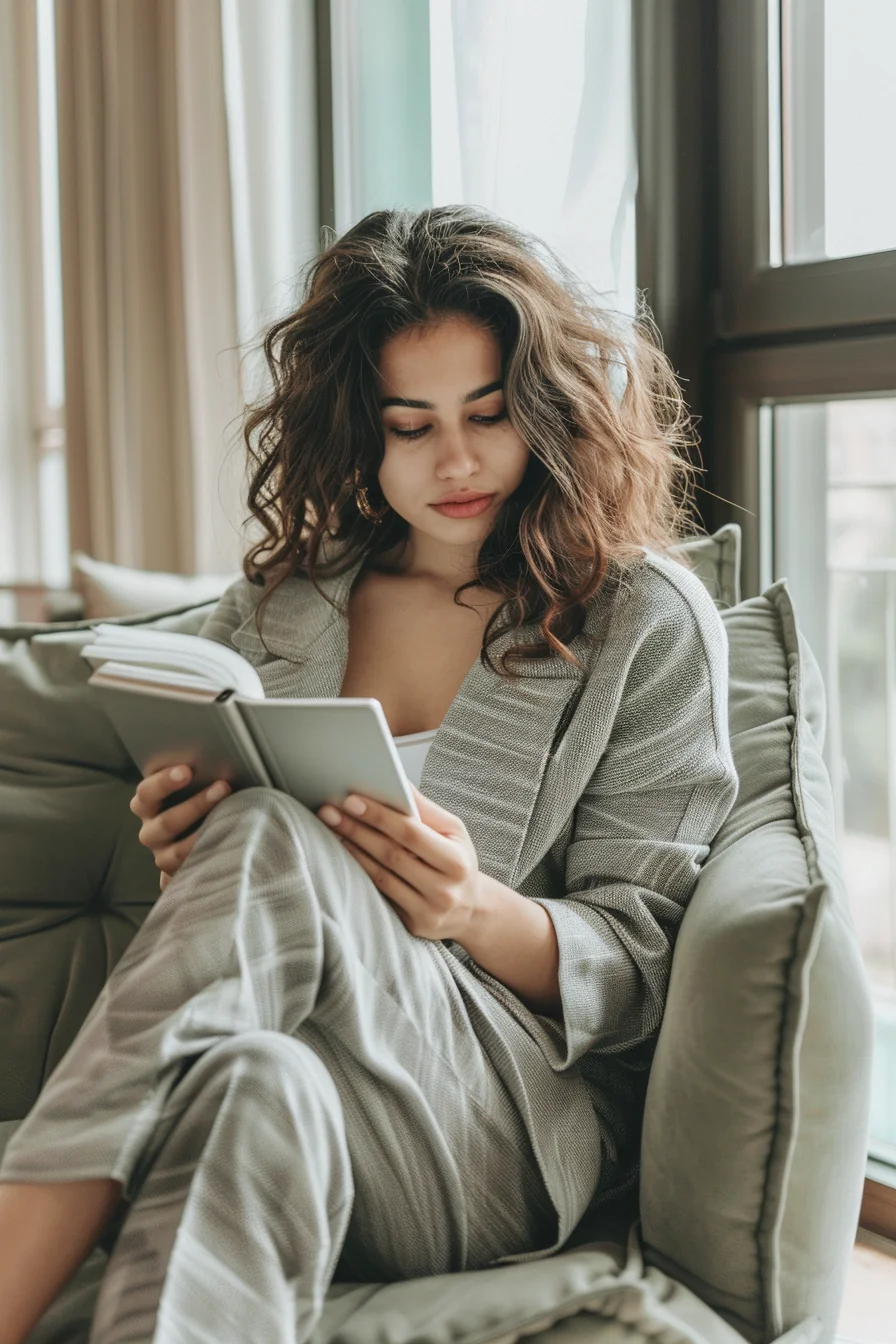 Young Hispanic woman reading FAQ information on tablet