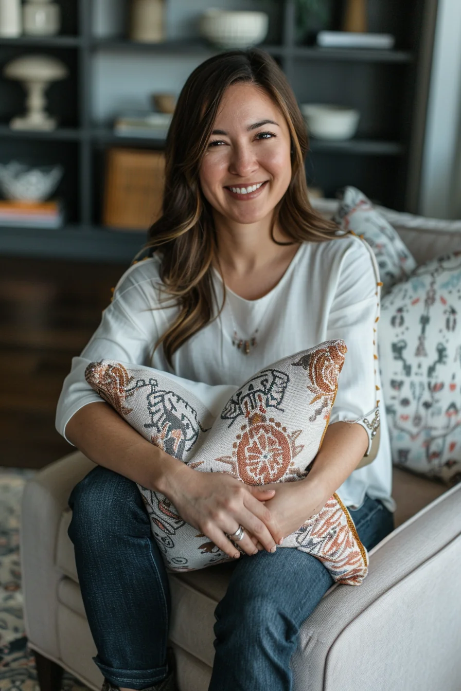 American woman arranging new accent chair in furnished living room