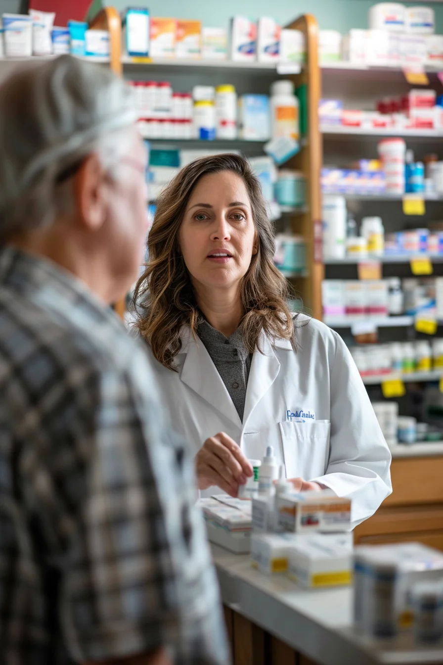 American pharmacist explaining medication to patient at pharmacy counter
