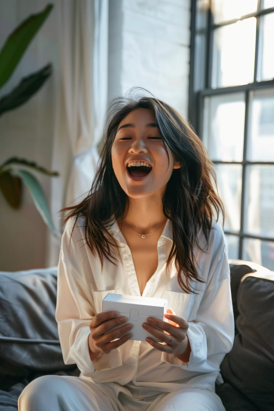 Excited Asian-American woman happily unboxing a brand-new kitchen appliance at home