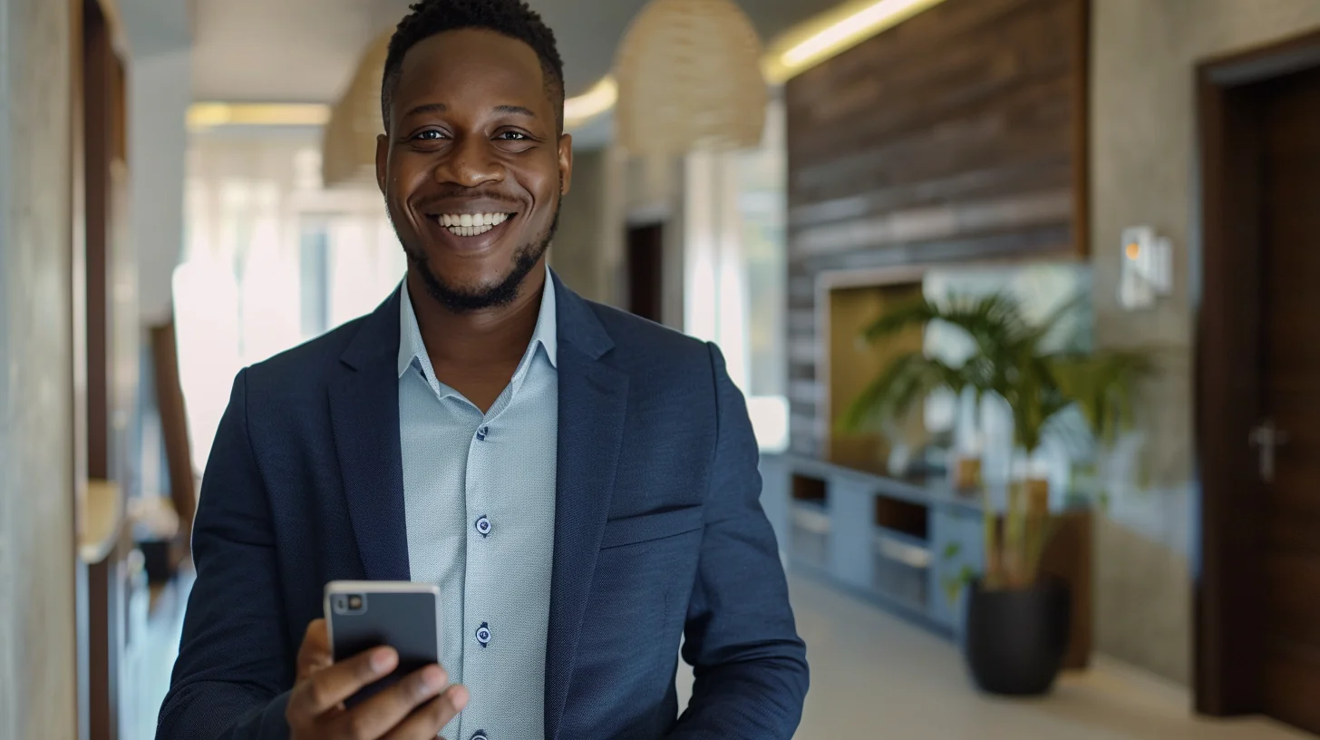 Young African-American man joyfully checking Sunbit payment plan approval notification on his phone
