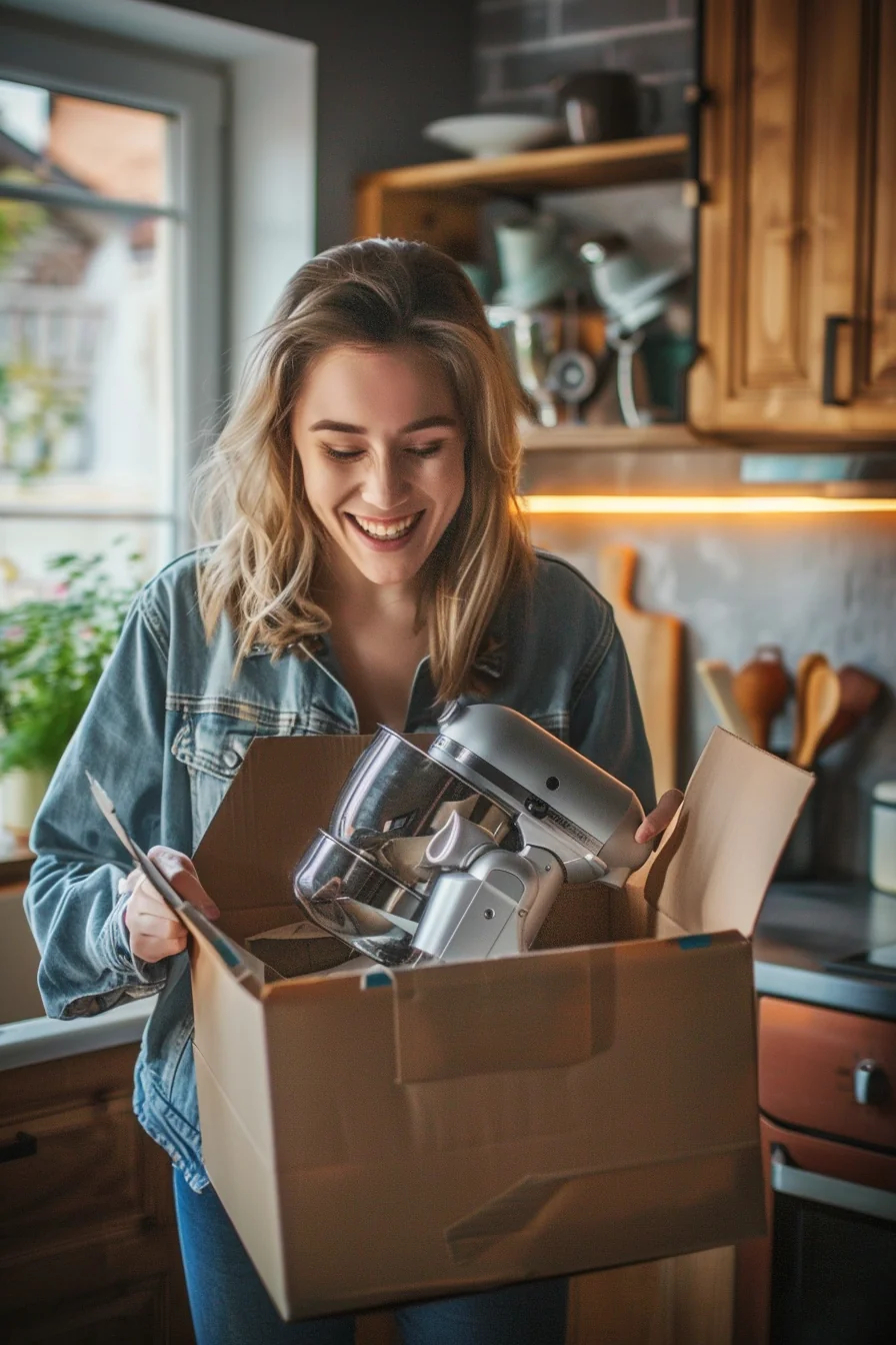 Excited American woman celebrating Sunbit payment plan approval in her kitchen