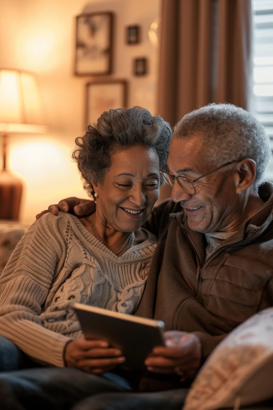 American senior couple reviewing healthcare payment plan on tablet in their living room