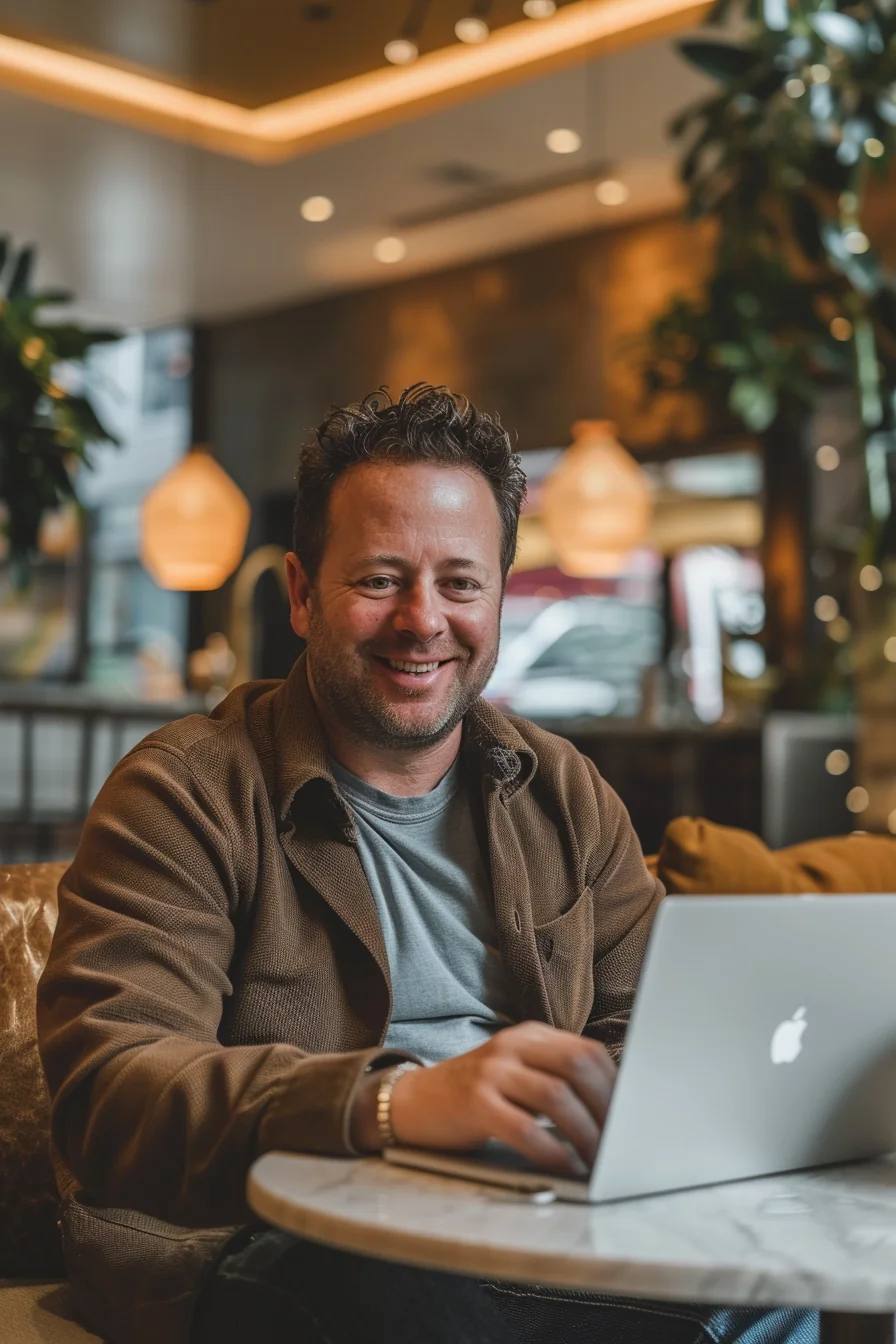 American professional celebrating a successful Sunbit payment plan approval at a cafe